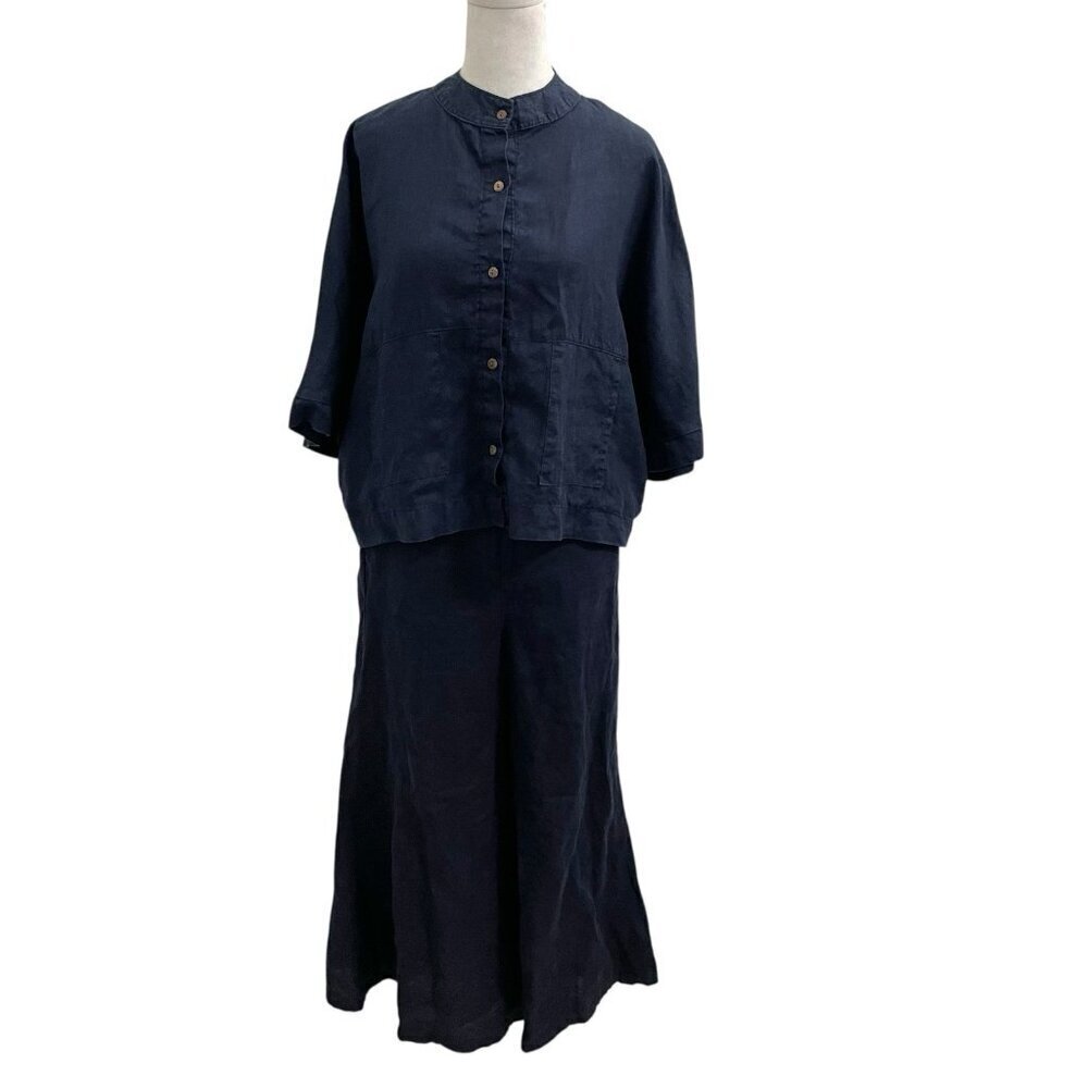 100% Linen Cropped Top Wide Leg Pants OUTFIT SET Lagenlook Navy Blue size Medium